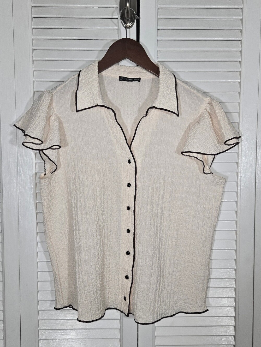 Adrianna Papell Textured Button Up Short Sleeve V Neck Ruffled Cream Brown Top L